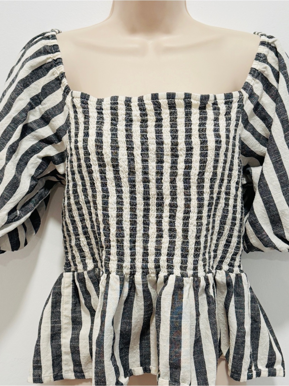 Smocked Square-Neck Peplum Tunic in Black & White
